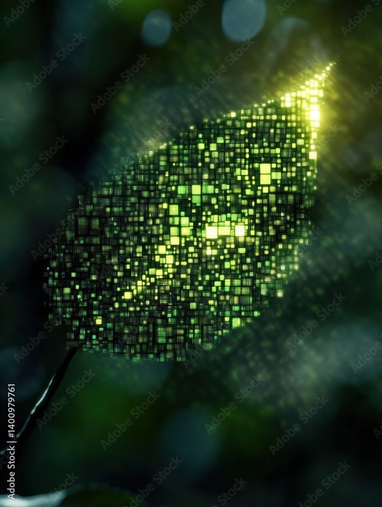 Aufkleber green leaf seamlessly dissolving into digital pixels illustrating nature merging with technology and
