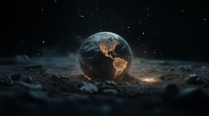 Glowing Earth emerging from the ground amidst a dark and mysterious landscape