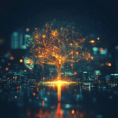 Obraz premium Generative AI illustration of a glowing, thriving tree growing in digital cities, symbolizing innovation, sustainable technology, and urban evolution, futuristic design