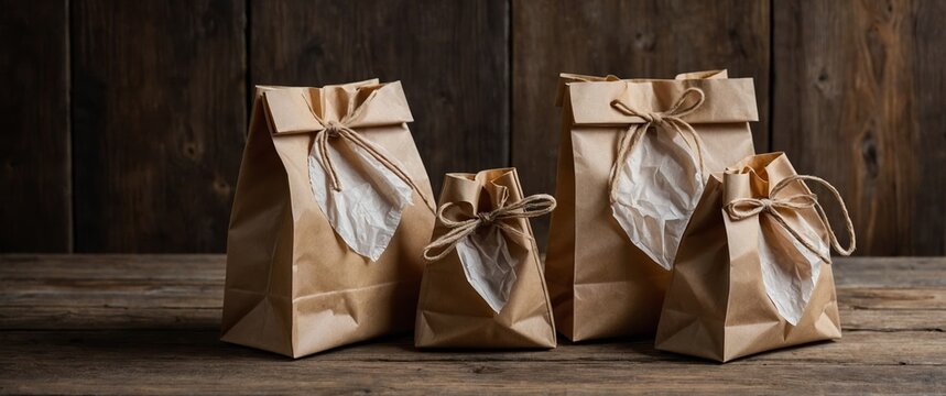 Gift bags in various sizes arranged on a rustic wooden table creating a cozy and charming atmosphere