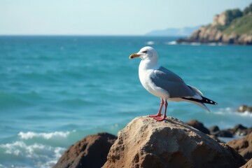 Fototapeta premium Seagull perched on a rock in the ocean, rock, marine