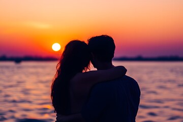 Silhouetted couple embraces, watching a vibrant sunset over tranquil water.