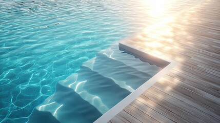 Obraz premium Tranquil pool steps bathed in golden sunlight.