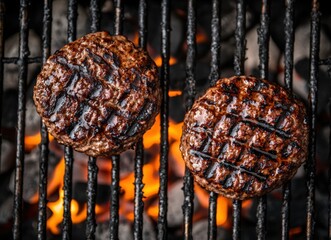 grilled beef burger patties on the barbecue grill top view with coal background