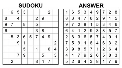 Vector sudoku with answer 27. Educational game with numbers for kids and leisure for adult on white background