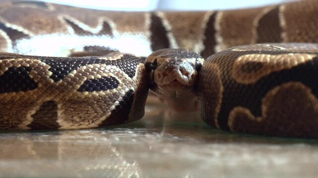 Beauty of snake skin pattern and head, ball python snake, animals closeup.  Ball phyton snake closeup head, Ball phyton snake closeup skin, Ball phyton snake closeup