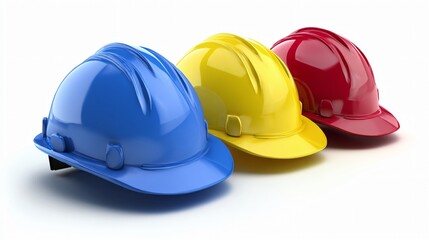 Collection of colorful safety helmets on a white studio background &ndash; ideal for construction concepts Image 4K UHD