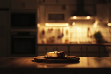 A slice of cheese on a wooden board in a dimly lit kitchen.