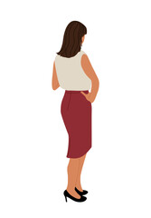 Woman Standing Rear View. Pretty female cartoon Character Wearing casual, office Clothes turned Back. Colorful vector illustration isolated on transparent Background.