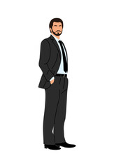 Businessman  in formal suit standing side view. Vector flat illustration isolated on transparent background