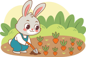 Cute cartoon bunny with spring flowers and Easter eggs