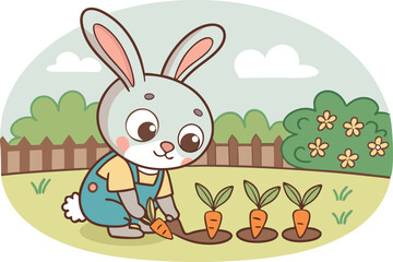 Cute cartoon bunny with spring flowers and Easter eggs