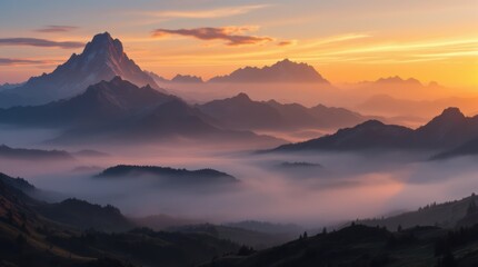 Obraz premium Breathtaking Sunset Over Majestic Mountains with Fog and Serene Landscape Captured at Dusk
