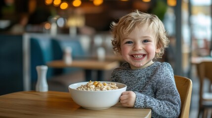 Boy, child and breakfast cereal in home, nutrition and milk for vitamins or mineral wellness. Male person, hungry kid and kitchen table for healthy diet, morning meal and eating porridge for growth