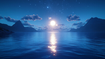 A serene moonlit seascape with majestic mountains. © ARWANTHAI
