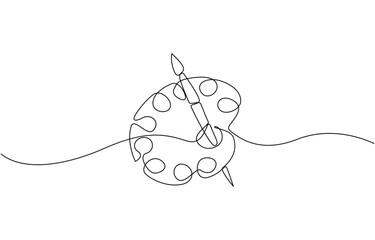 Brush and painting palette with paints. Continuous one line drawing, Paint palette art brush continuous one line drawing and minimalist style isolate outline vector icon.
