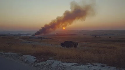 Selbstklebende Fototapeten Cappuccino A desolate landscape at sunset, smoke billowing above a battlefield.  © ARWANTHAI