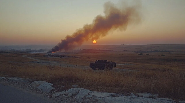 A desolate landscape at sunset, smoke billowing above a battlefield.