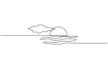 Single continuous one line art sunny ocean view. Sea voyage sunrise, One continuous line drawing of sunny ocean view. Hot temperature and summer sea travel symbol in simple linear style.