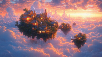Floating villages nestled amongst ethereal clouds at sunset.