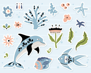 Folk hygge ocean clip arts, hand drawn vector set in Scandinavian Nordic style, isolated on white. Collection of classic ethnic elements. The scandi folk motifs - fishes, flowers, and sea animals