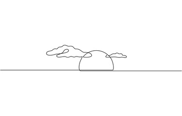 Single continuous one line art sunny ocean view. Sea voyage sunrise, One continuous line drawing of sunny ocean view. Hot temperature and summer sea travel symbol in simple linear style.