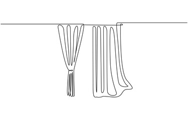 Continuous line vector illustration of curtain curtain, One continuous line drawing of window with curtains. Concept of living room interioa with drape cloth in simple linear style. Editable stroke.