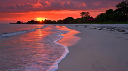 Vivid Sunset over Tranquil Beach with Trees Red Orange Sky Reflecting on Gentle Waves Washing Ashore in a Coastal Landscape at Twilight