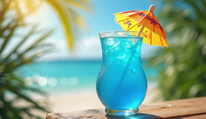 Vibrant tropical drinks served with fresh fruit and flowers against a sunny beach backdrop