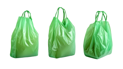 Eco-Friendly Green Polythene Shopping Bags Collection Isolated on Transparent Background.