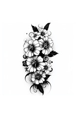 Monochrome dense floral arrangement, ornate, composed of numerous blossoms, leaves, and swirling tendrils, on a white space