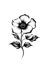 Monochrome single floral study, focused, presenting one prominent blossom and a few leaves, on a white plane
