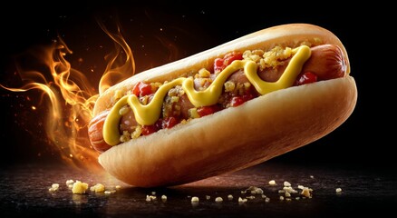 Delicious Grilled Hot Dog with Mustard and Ketchup on Black Background