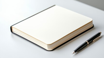 Black pen sits next to a blank notebook. The pen is placed on the table, and the notebook is open to a blank page