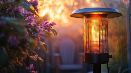 Ambient garden illumination: a radiant heater amidst floral whispers at twilight