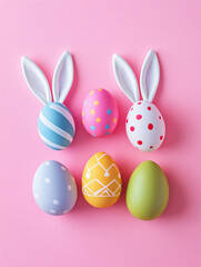 Fototapeta premium Colourful easter eggs pink background with playful bunny ears