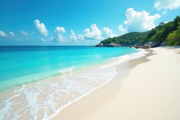 White sand beach, gentle waves lapping shore, vibrant blue water , water, nature