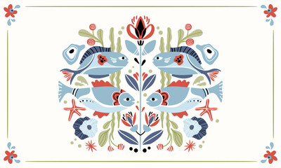 Folk hygge ready to use vector ocean print in Scandinavian style, folkloric isolated design on white. Composition with classic ethnic elements. Scandi folk motifs - sea animals, fishes and flowers