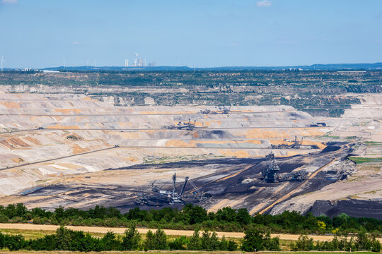 View over the Hambach coal mine, a huge open-pit mine in the west of Germany, operated by RWE and used for mining lignite with giant bucket-wheel excavators.