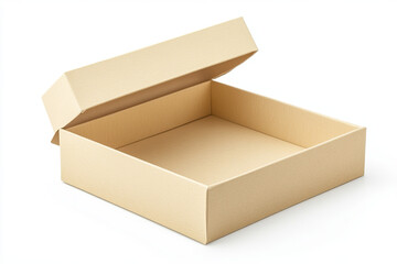Beige cardboard box with the lid open sitting on a white surface alone now