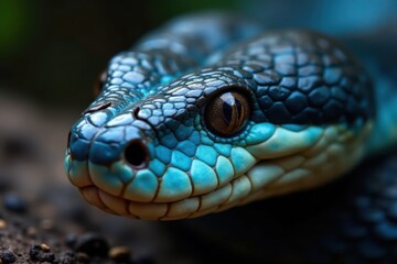 Fototapeta premium Close-up of venomous snake's facial features with vibrant blue coloration on the head, gape, and pupils, highlighting sharp, pointed snout, nature, blue viper snake