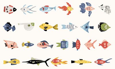 Folk hygge ocean fishes clip arts, hand drawn vector set in Scandinavian Nordic style, isolated on white. Collection of classic ethnic elements. The scandi folk motifs pack
