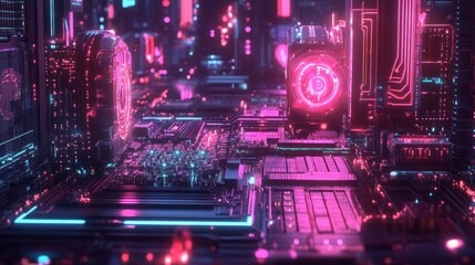 Naklejka premium Futuristic circuit board cityscape. A vibrant, detailed digital cityscape constructed from intricate circuit components. 