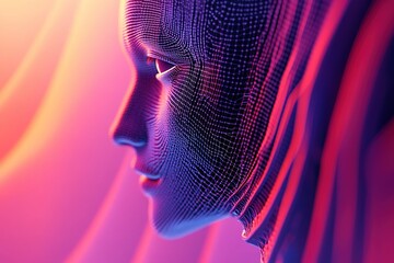 Technology background Data flow concept. Big data technology and data science illustration, flowing, Waves, dynamic, IT, 3D Wired Shape Cyborg Head, Network forming AI robot face