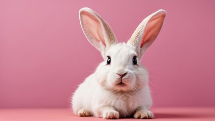 Obraz premium A white rabbit with large ears and wide, expressive eyes is pictured against a pink background.