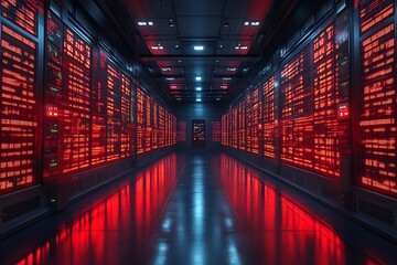 Red-lit server room corridor. (1)