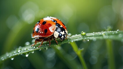 A close-up photo of a ladybug covered in water droplets on a grass blade during a rainfall