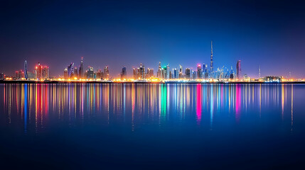 Fototapeta premium Vibrant Night City Skyline With Reflections