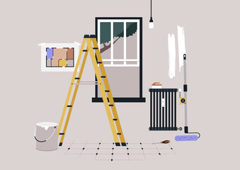 A vibrant interior renovation is underway with a ladder positioned beside a freshly painted wall © nadia_snopek