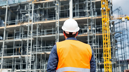 Worker Silhouette in Orange Vest at Construction Site with Crane